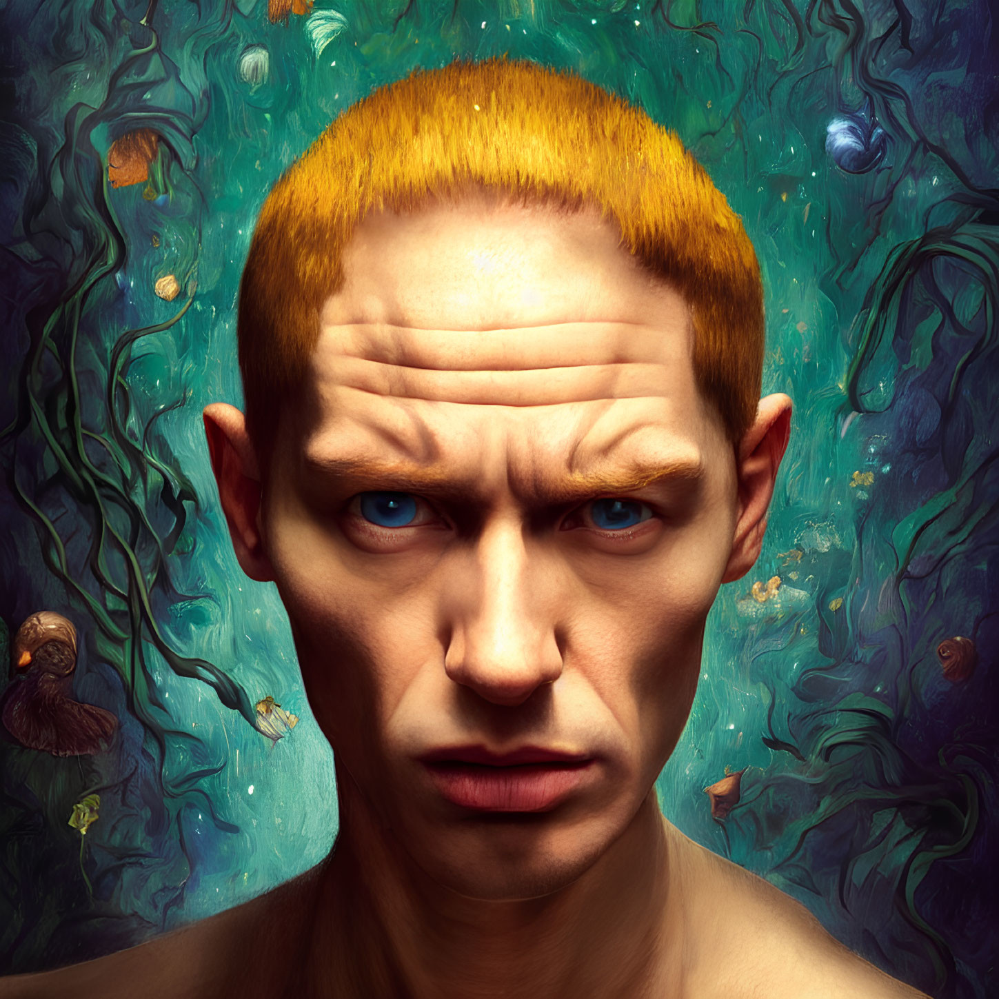 Blond-Haired Person with Striking Gaze in Aquatic Fantasy Scene