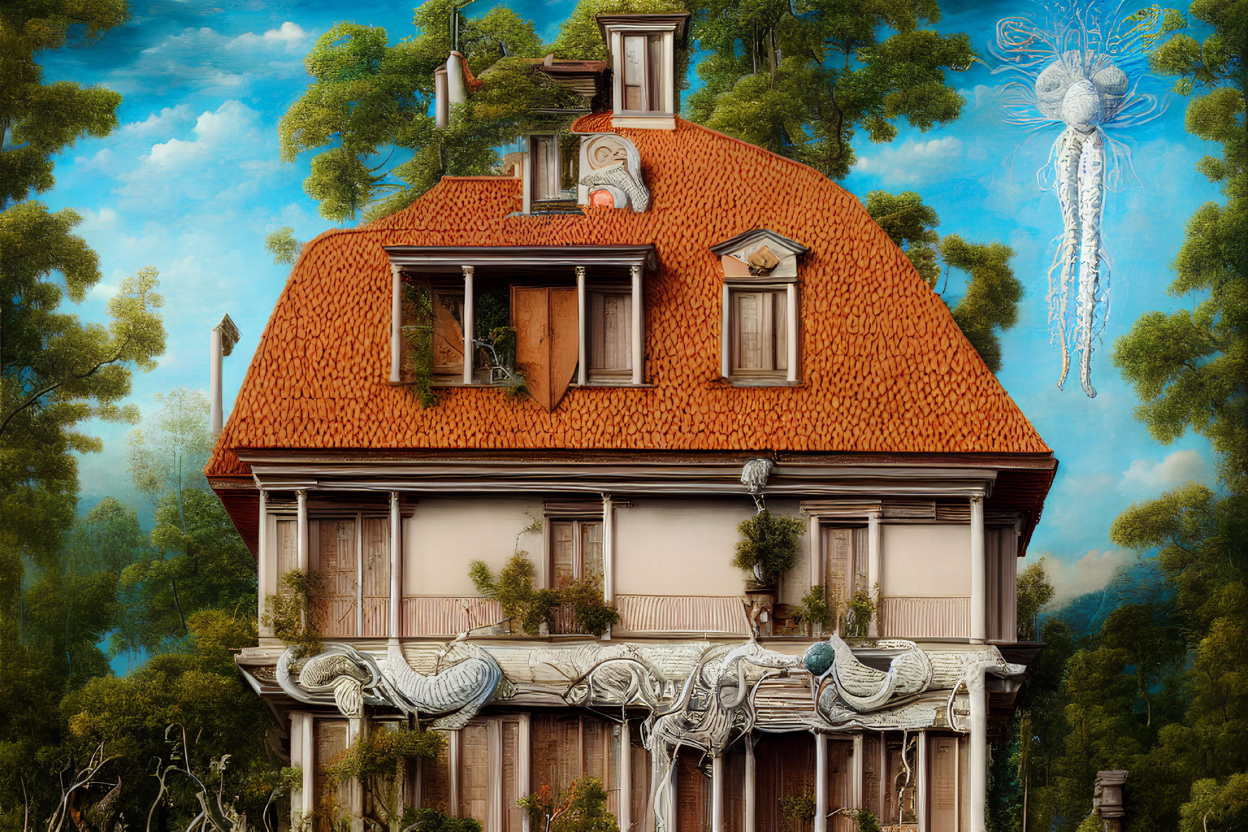 Whimsical house with ornate balconies in surreal forest scene