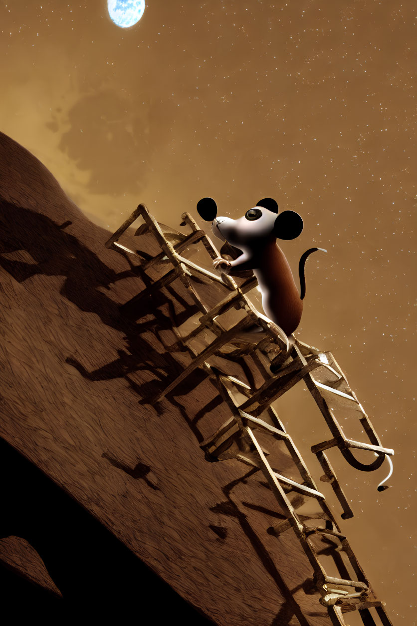 3D-animated mouse climbing wooden ladder on rocky terrain with moon and stars in background