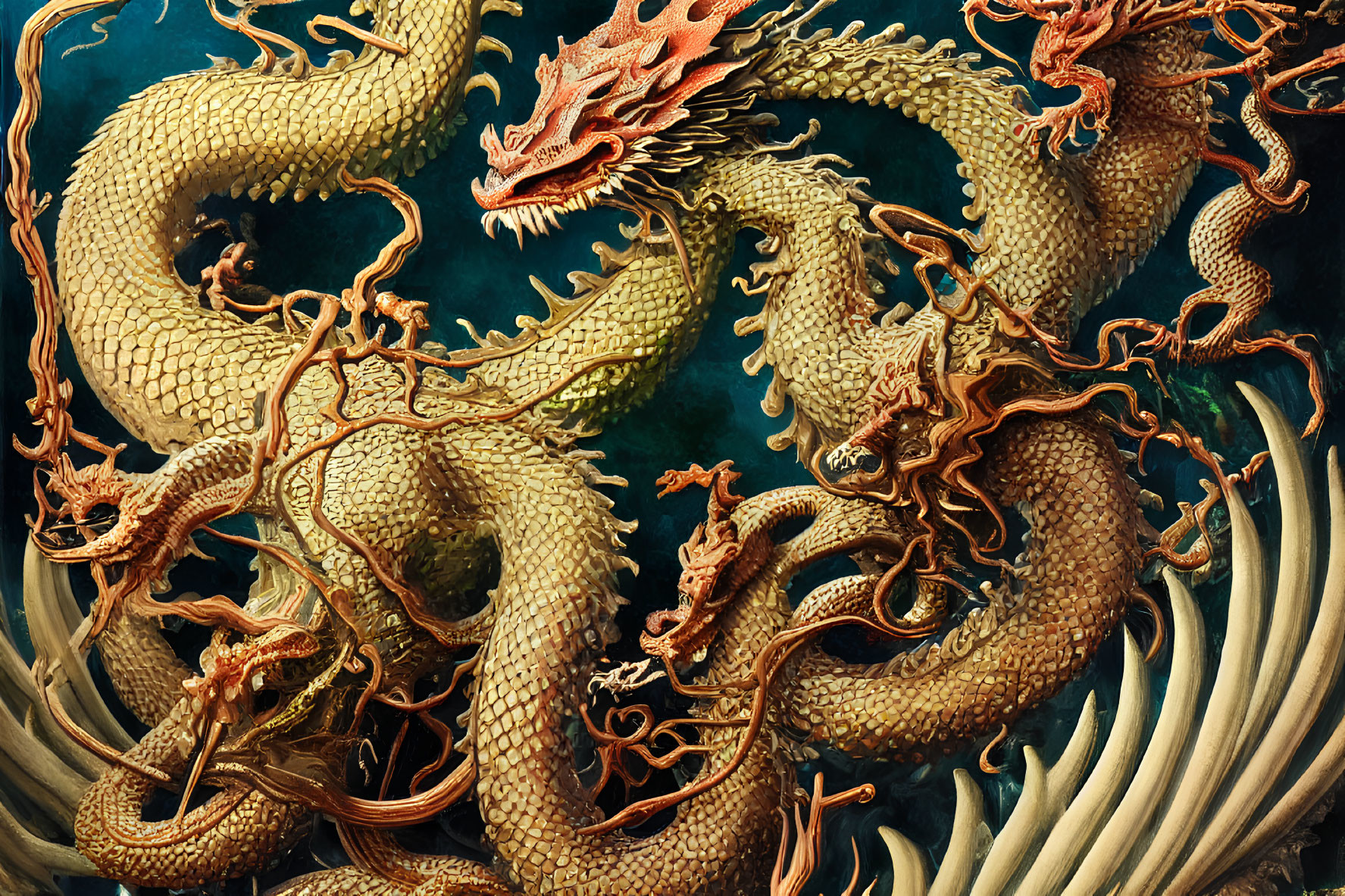 Detailed Golden Dragon Illustration: Scales, Horns, Fierce Expression, Azure Background