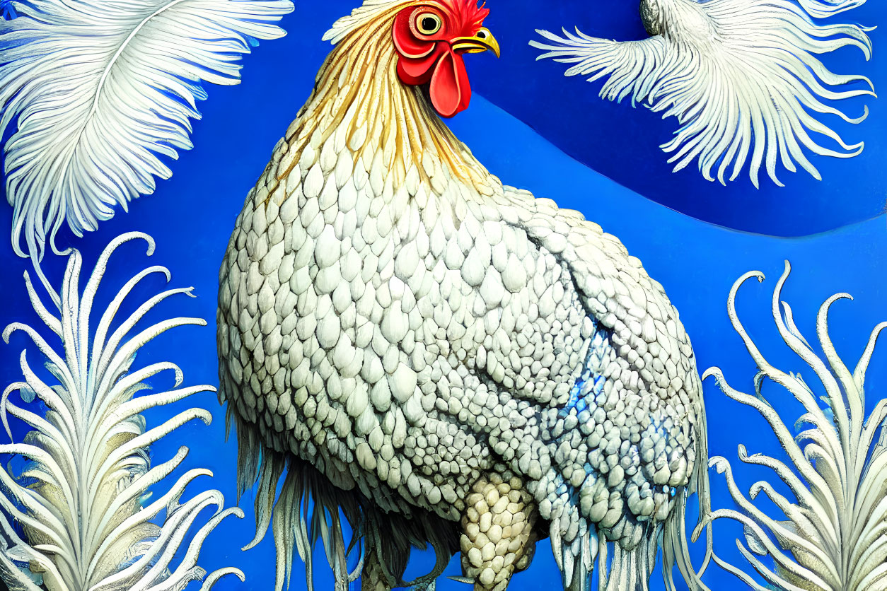 Detailed White Rooster Artwork on Blue Background with Plant Accents