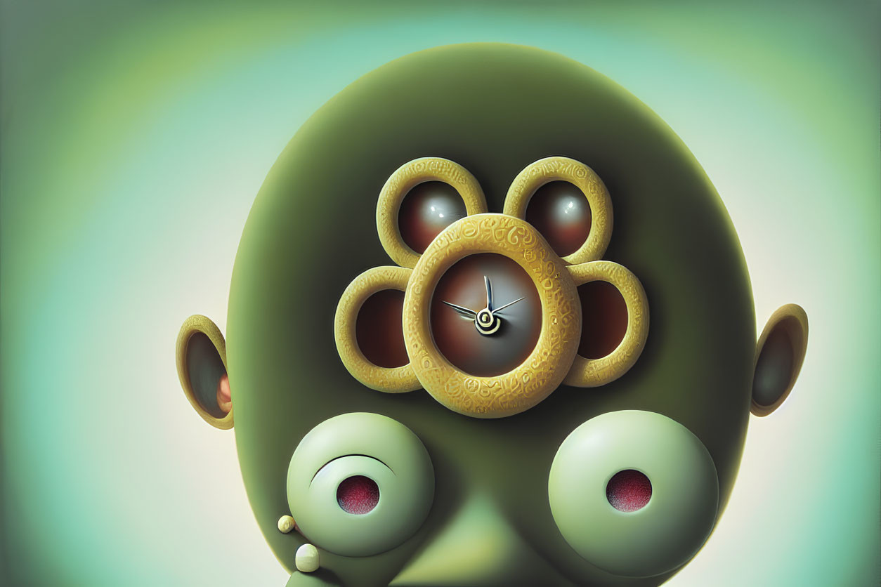 Abstract digital artwork: Surreal character with multiple eyes and clock-like elements