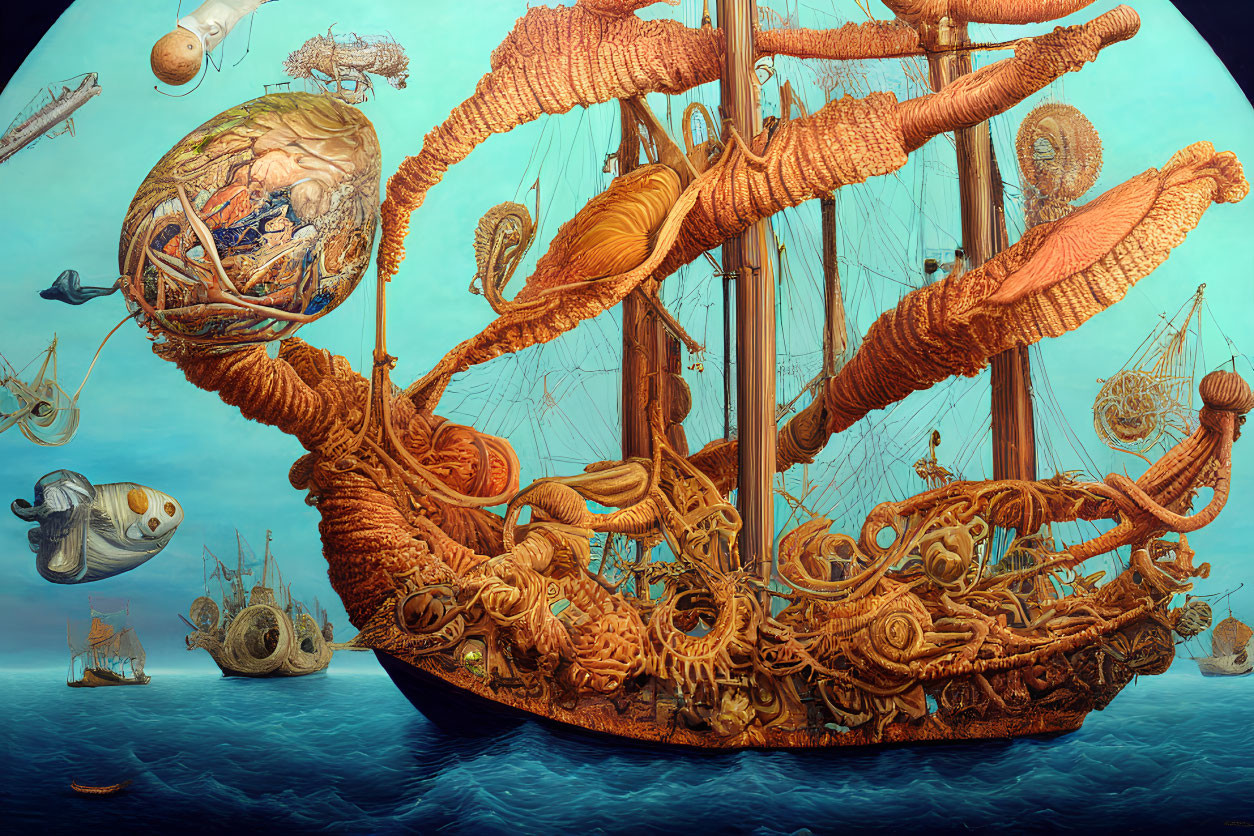 Fantasy artwork: Ship with intricate ropes & flying machines in surreal sky