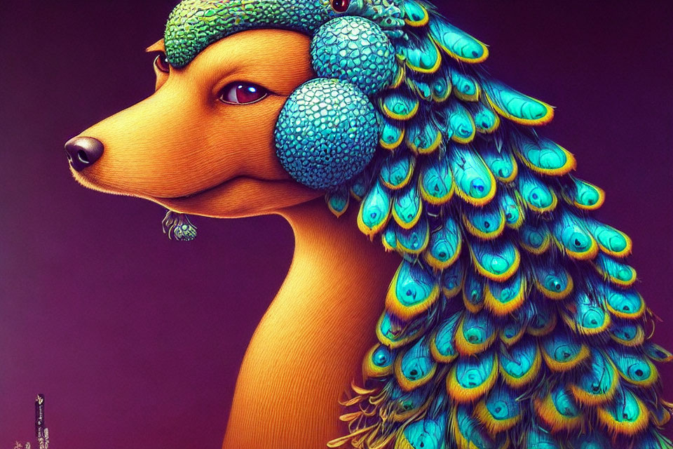 Vibrant artwork: creature with dog's head & peacock feather mantle on purple background