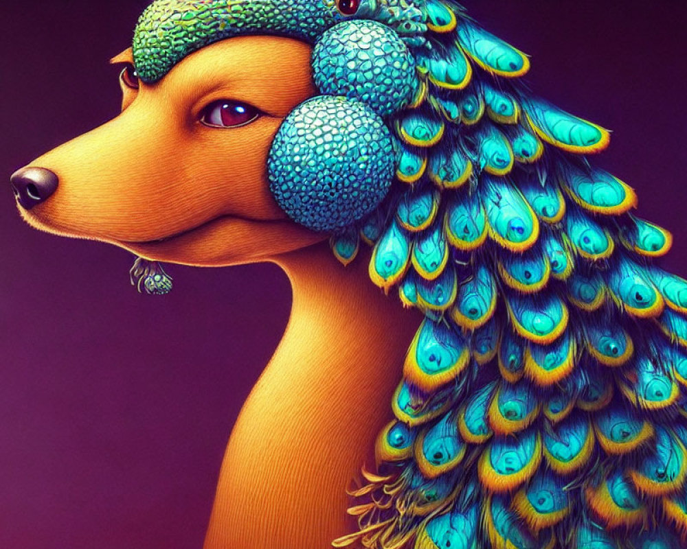 Vibrant artwork: creature with dog's head & peacock feather mantle on purple background