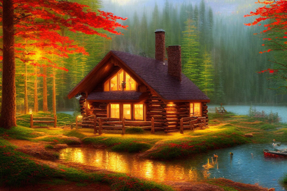 Autumnal lakeside scene: cozy log cabin, glowing windows, tranquil lake, canoe.