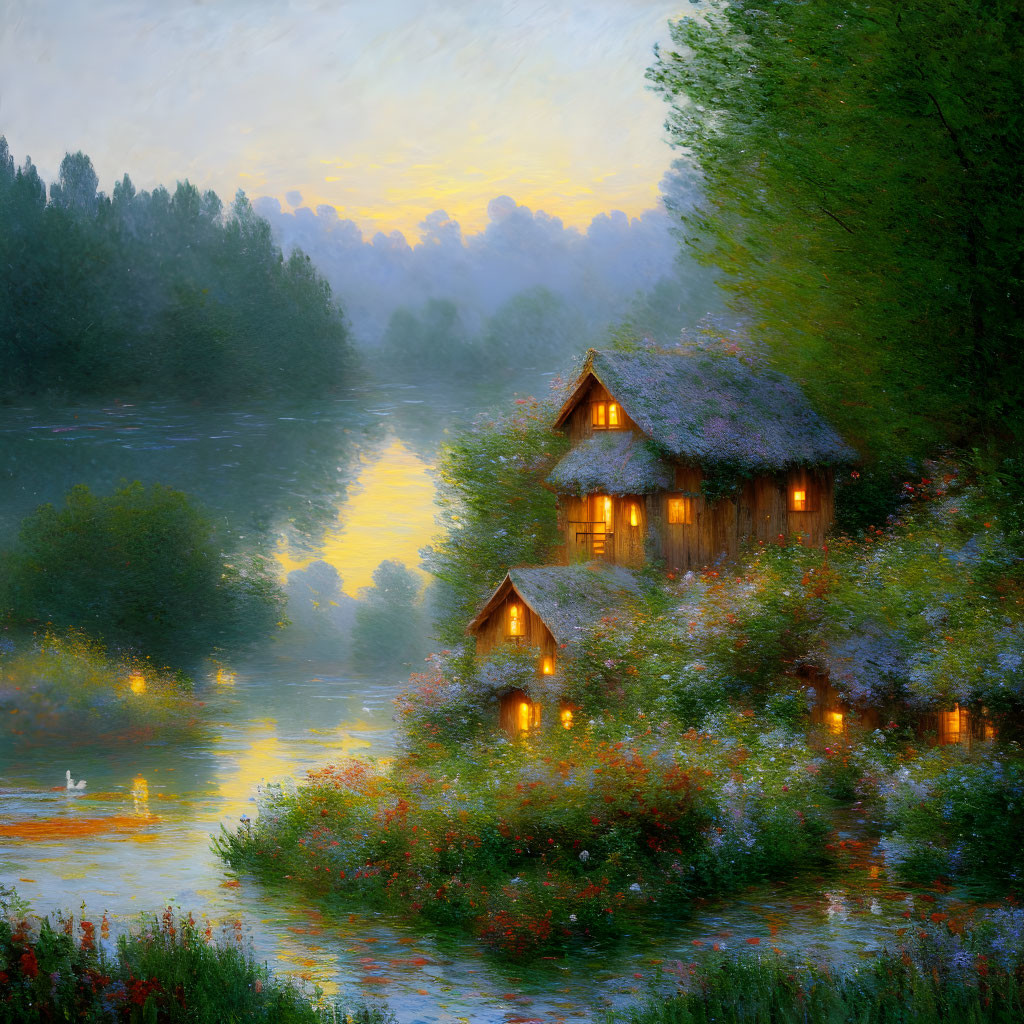 Riverside cottage at dusk with warm lights and blooming plants reflected in water