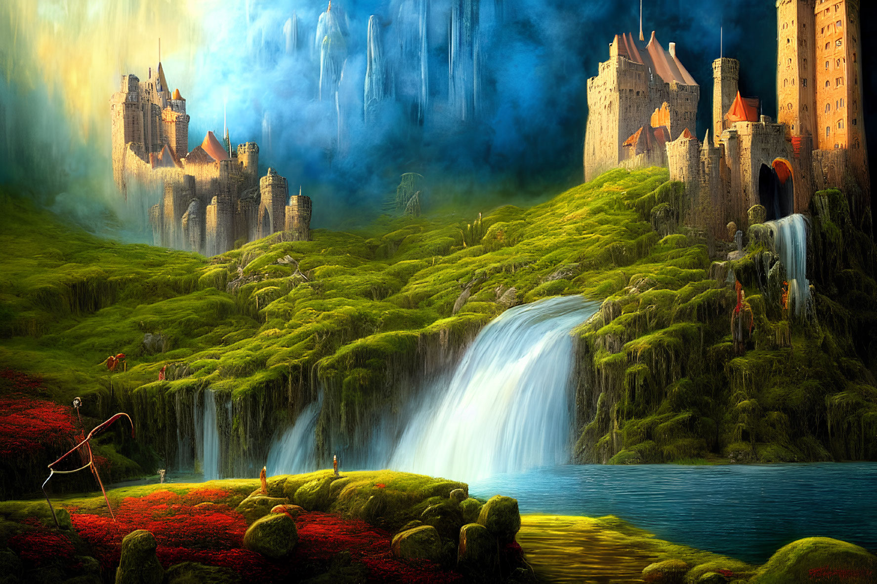 Fantasy landscape with lush greenery, waterfalls, serene lake, and towering castles