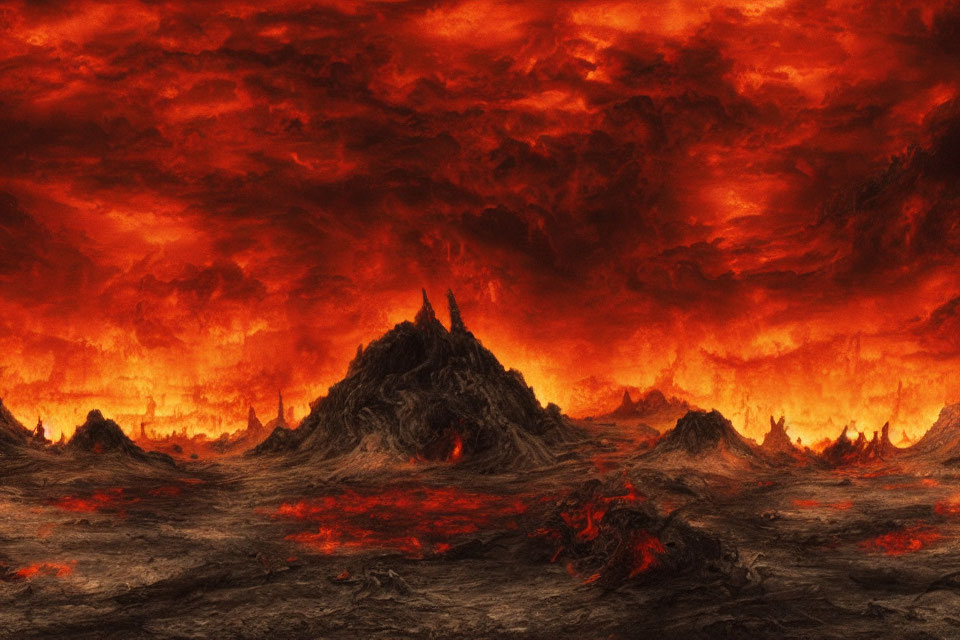 Dystopian landscape with fiery red skies and volcanic mountains