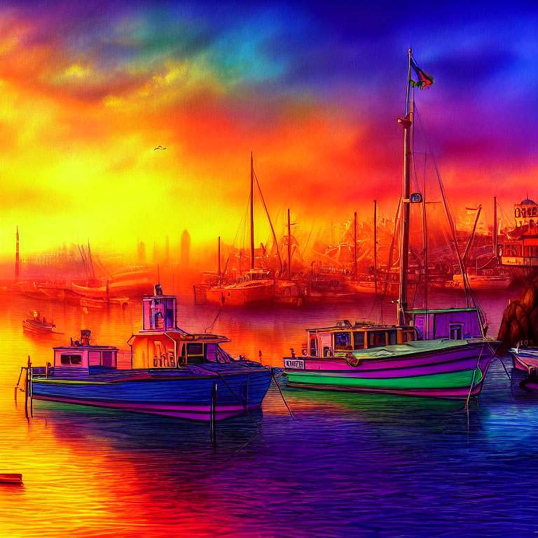 Colorful Marina Sunset with Boats and Reflections