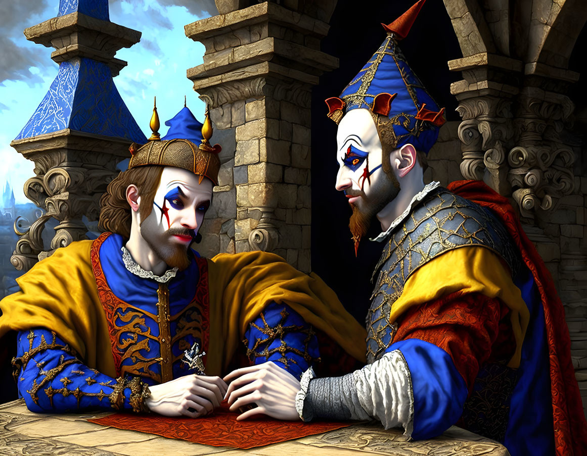 Colorful Medieval Jesters at Stone Table with Fantasy Castle Backdrop