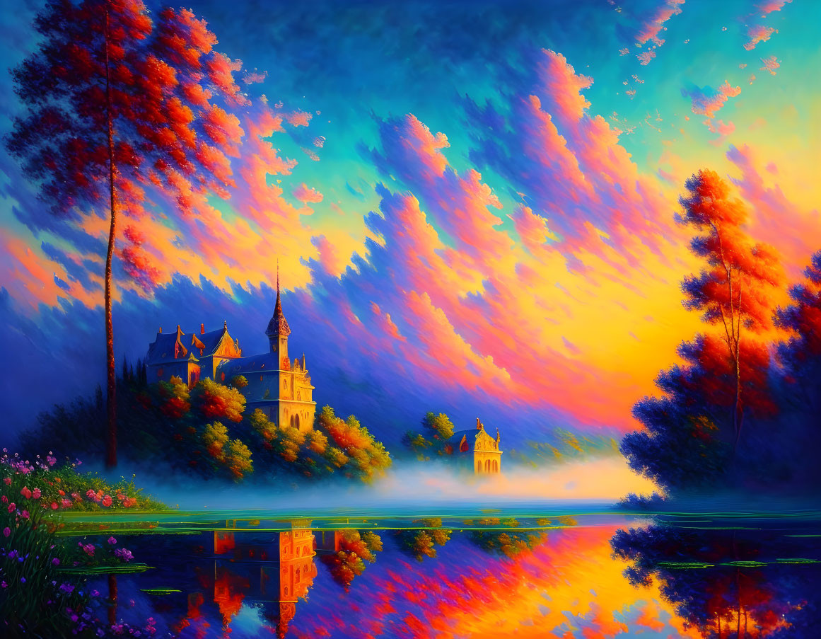 Colorful Landscape Painting with Castle, Trees, and Tranquil Lake