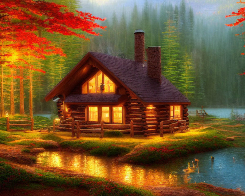 Autumnal lakeside scene: cozy log cabin, glowing windows, tranquil lake, canoe.