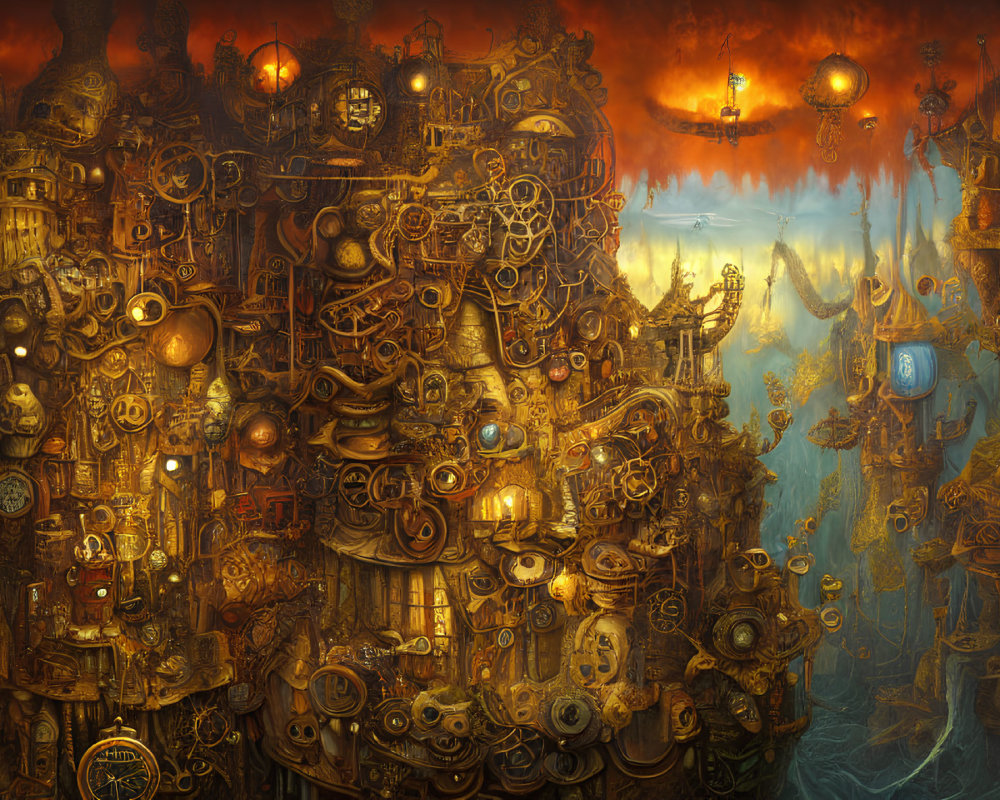 Detailed Steampunk Cityscape with Machinery, Gears, and Airships