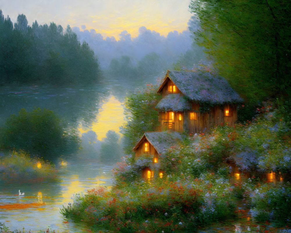 Riverside cottage at dusk with warm lights and blooming plants reflected in water