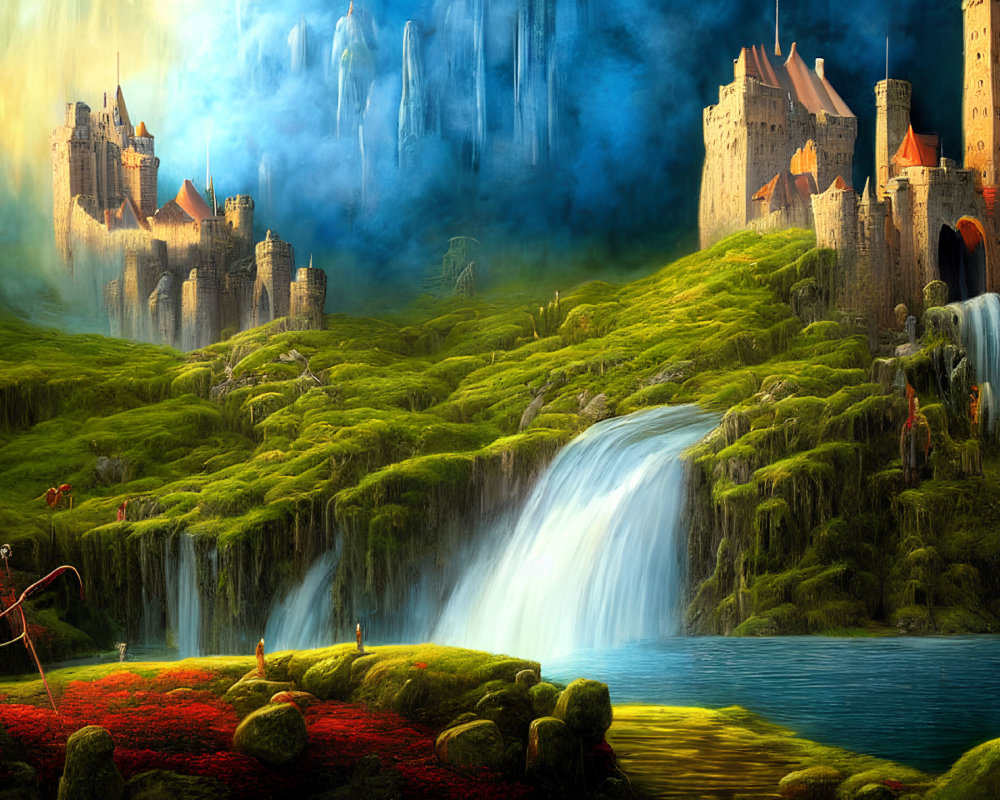 Fantasy landscape with lush greenery, waterfalls, serene lake, and towering castles