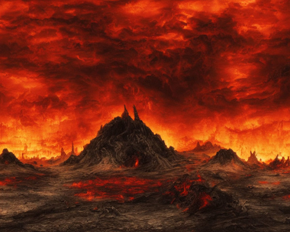 Dystopian landscape with fiery red skies and volcanic mountains