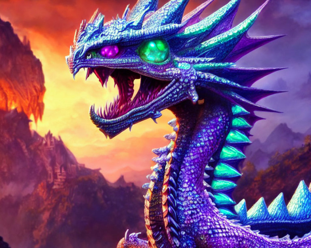 Blue Dragon with Purple Spines and Green Eyes in Fiery Sunset Landscape