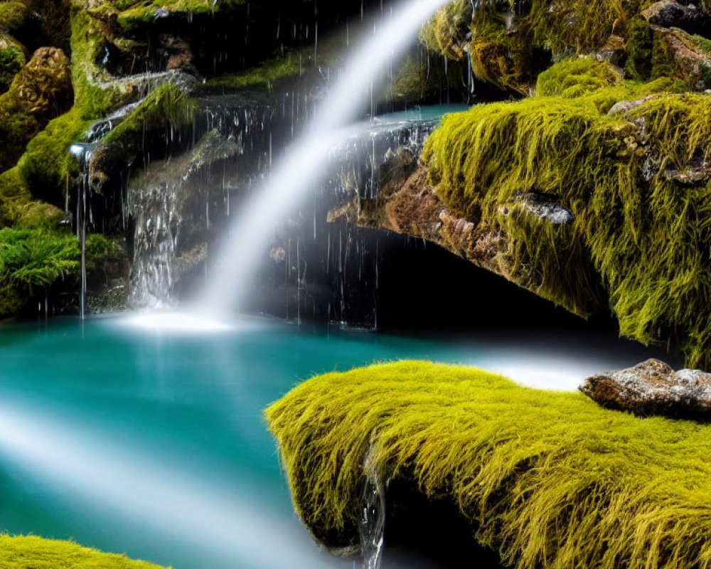 Tranquil turquoise pool with moss-covered rocks