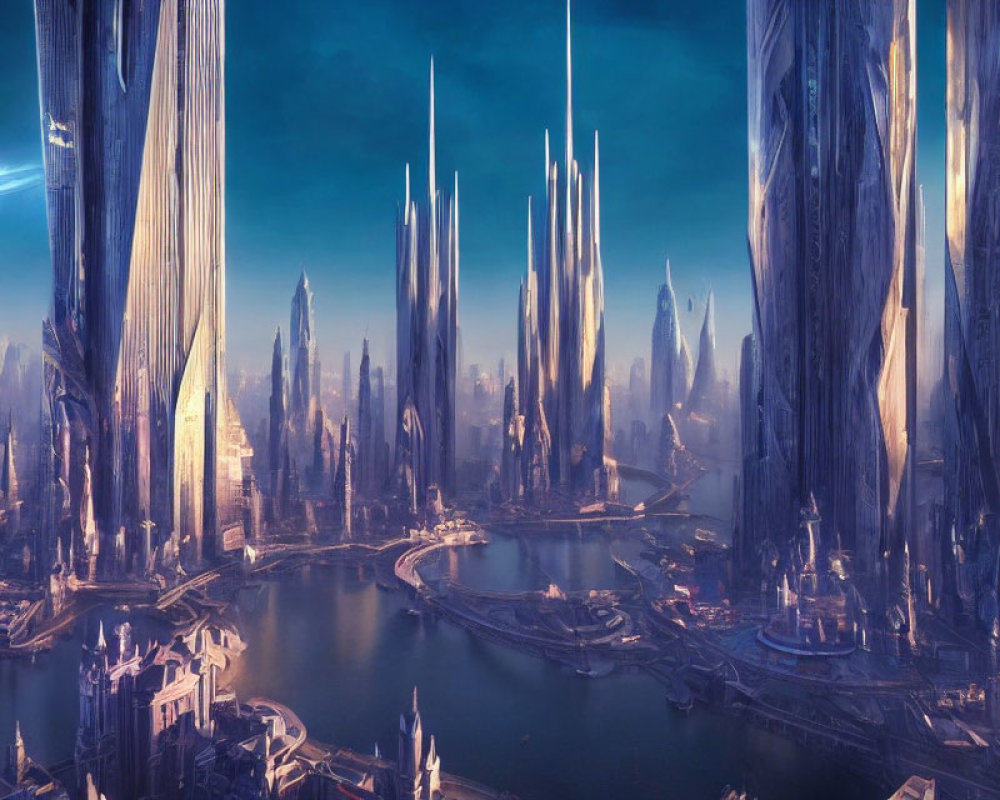 Futuristic cityscape with towering spires and large planet in warm golden light