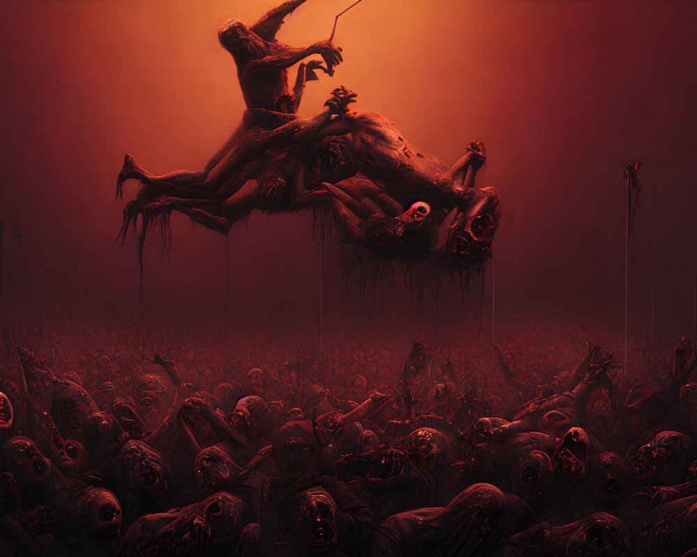 Dark apocalyptic scene with zombie-like creatures under red sky