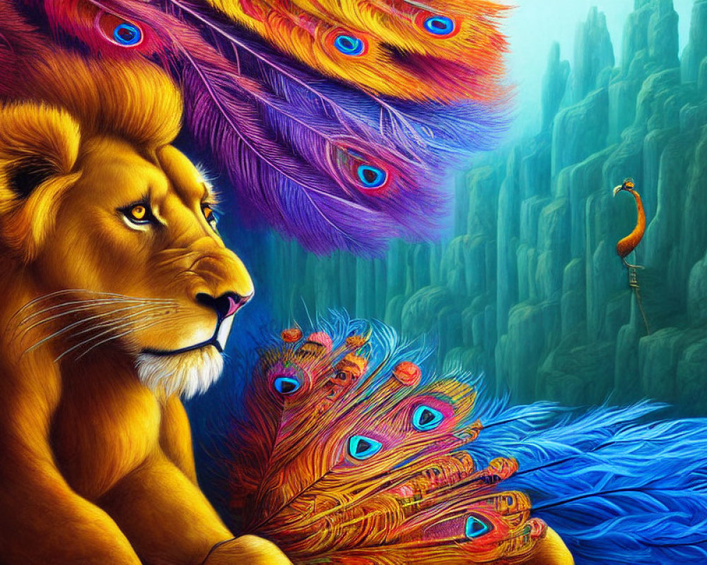 Colorful Lion with Peacock Plumage in Surreal Landscape