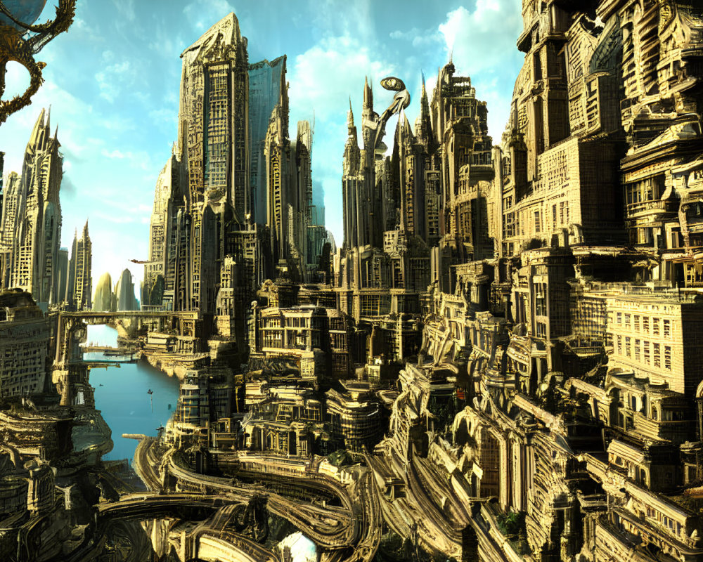 Futuristic cityscape with skyscrapers, roadways, and river under sunny sky