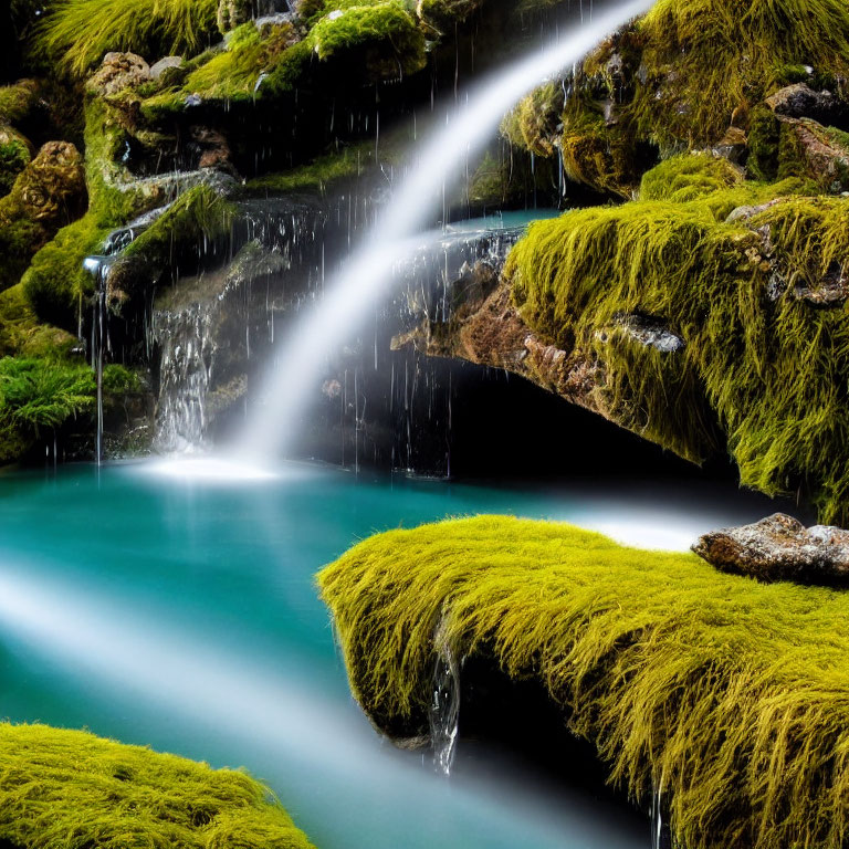 Tranquil turquoise pool with moss-covered rocks