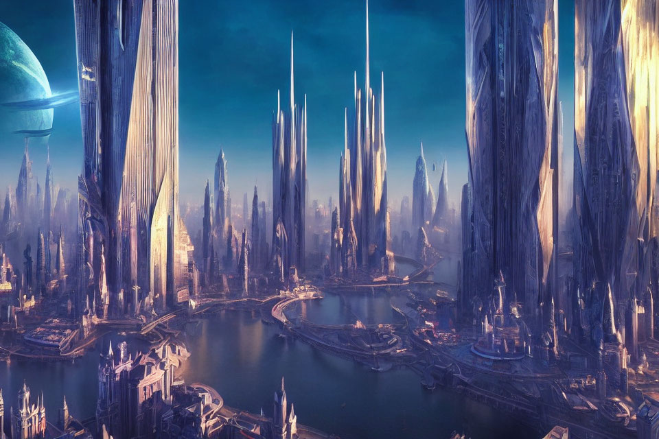 Futuristic cityscape with towering spires and large planet in warm golden light