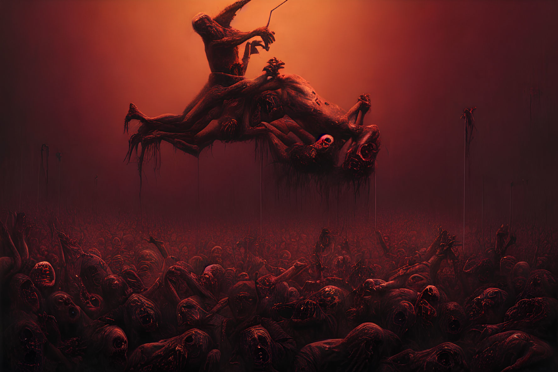 Dark apocalyptic scene with zombie-like creatures under red sky