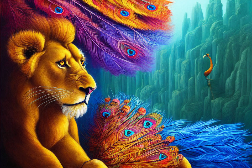 Colorful Lion with Peacock Plumage in Surreal Landscape