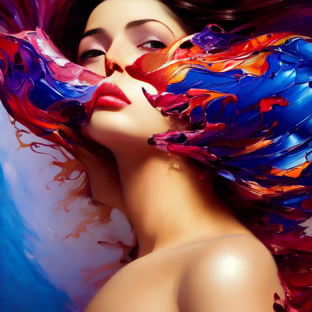 Vibrant flowing colors surrounding woman with bold red lips