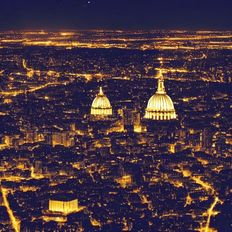 Cityscape with Illuminated Streets and Domed Buildings at Night