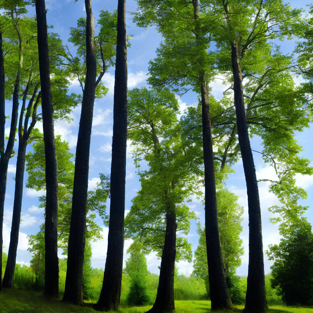 Lush forest scene with tall green-leaved trees and sunlit grassy floor