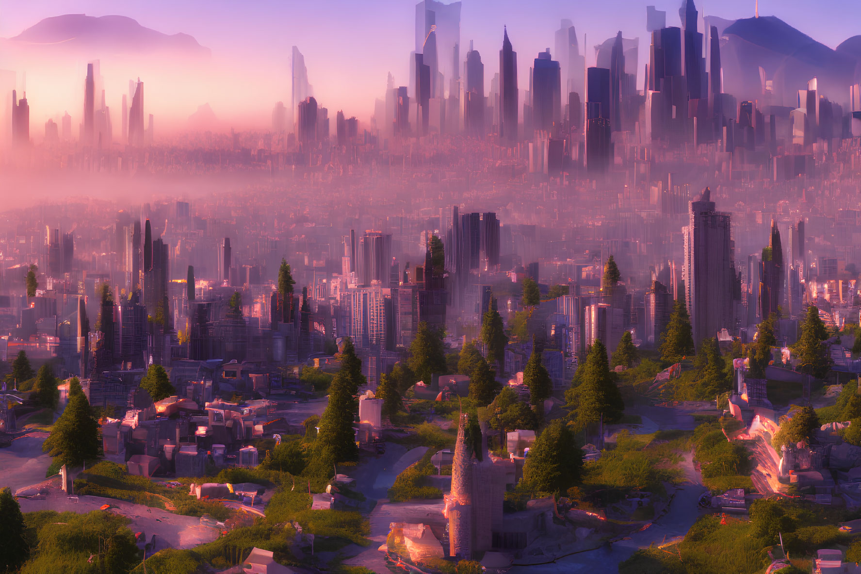 Futuristic cityscape at sunrise with pink haze and skyscrapers
