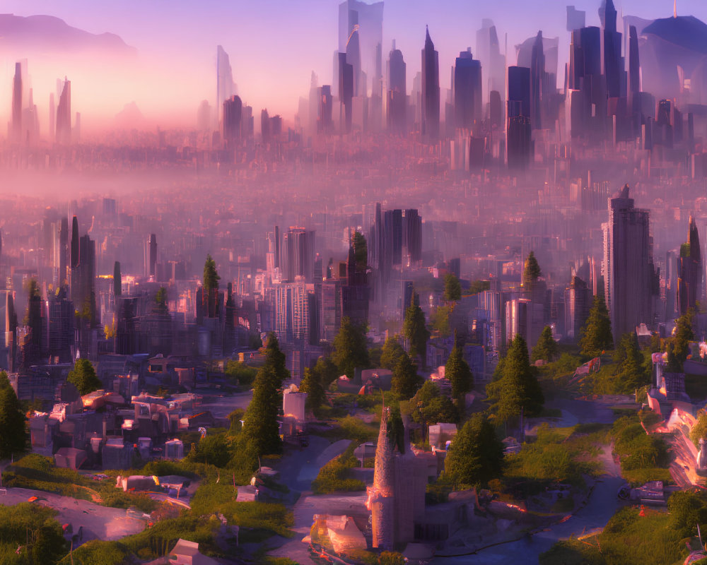 Futuristic cityscape at sunrise with pink haze and skyscrapers