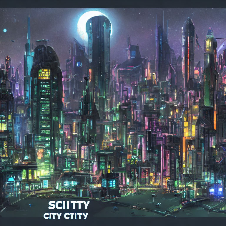 Futuristic Night Cityscape with Neon Lights and Skyscrapers