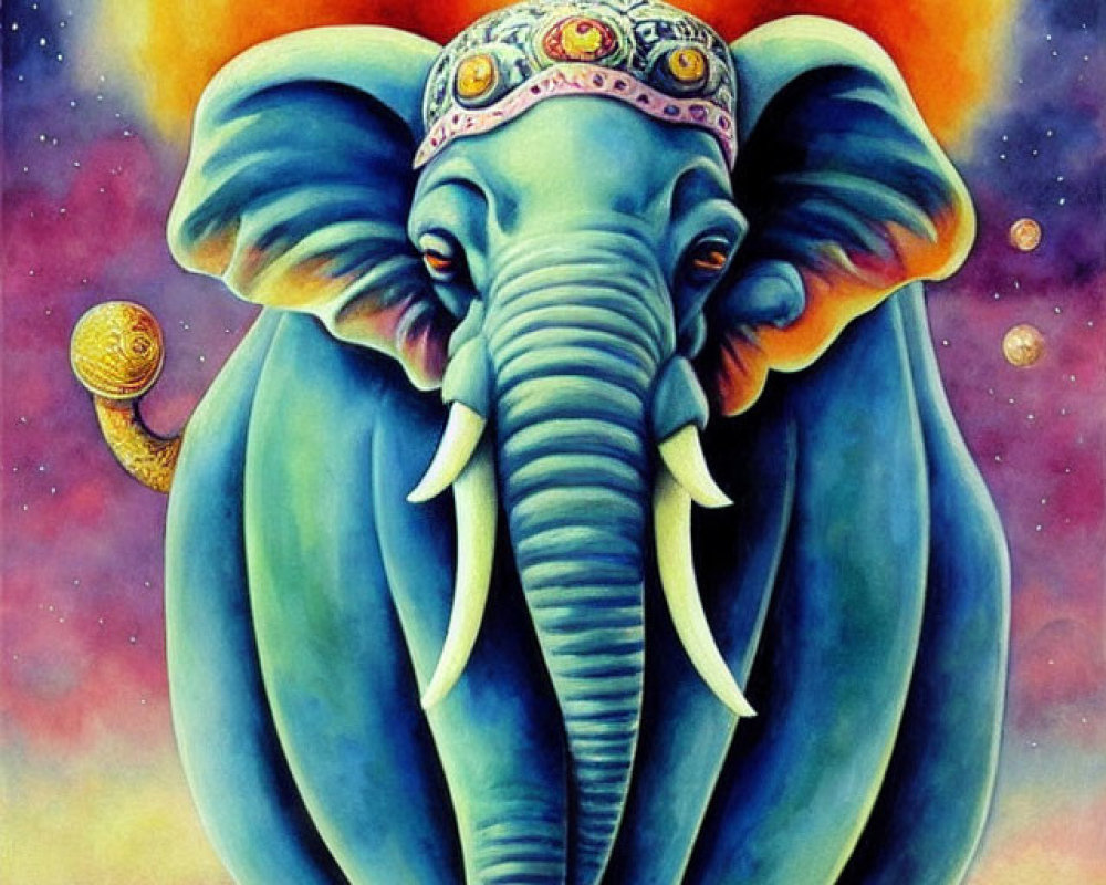 Colorful painting of majestic blue elephant with golden crown and rider in cosmic scene.