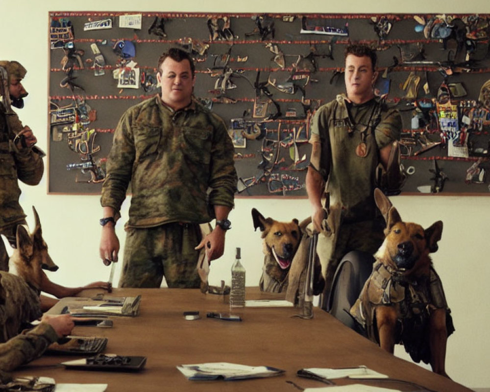 Military-themed photo with two people, four dogs, and medals on display