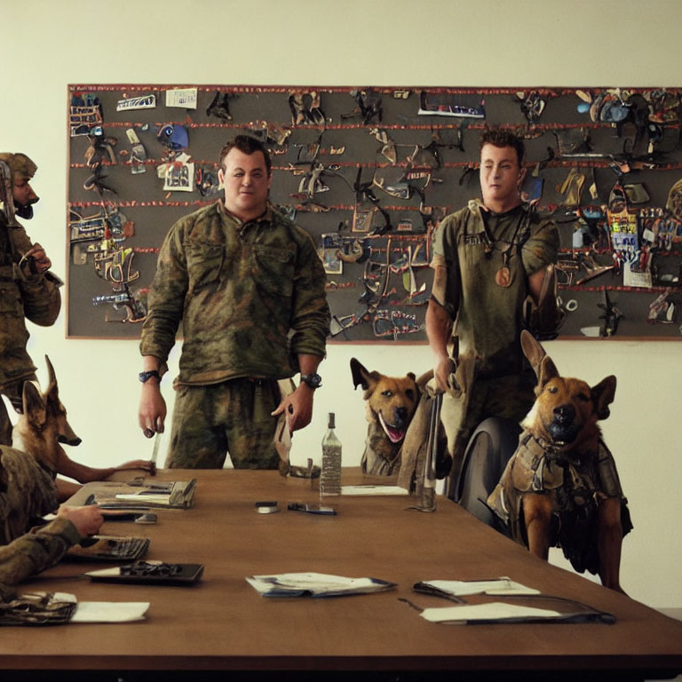 Military-themed photo with two people, four dogs, and medals on display