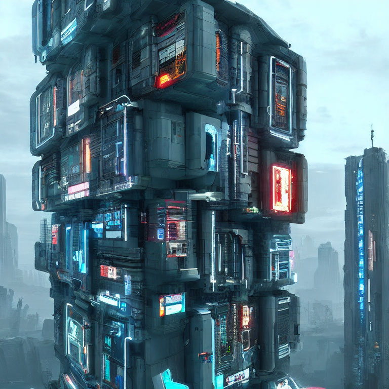 Futuristic cyberpunk skyscraper with neon signs in foggy cityscape