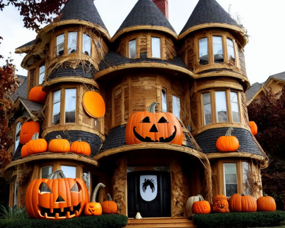 Victorian-style house adorned with Halloween pumpkins