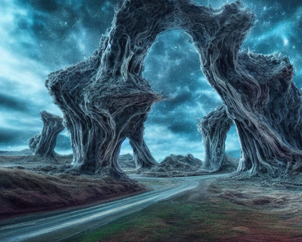 Rock formations and winding road under starry night sky