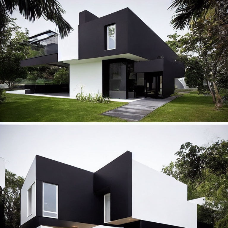 Contemporary Two-Story House: Black and White Exterior, Large Windows, Green Surroundings