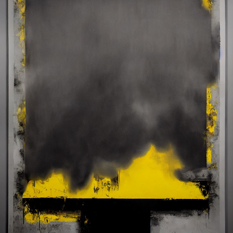 Black Smoky Texture on Yellow and Gray Abstract Painting