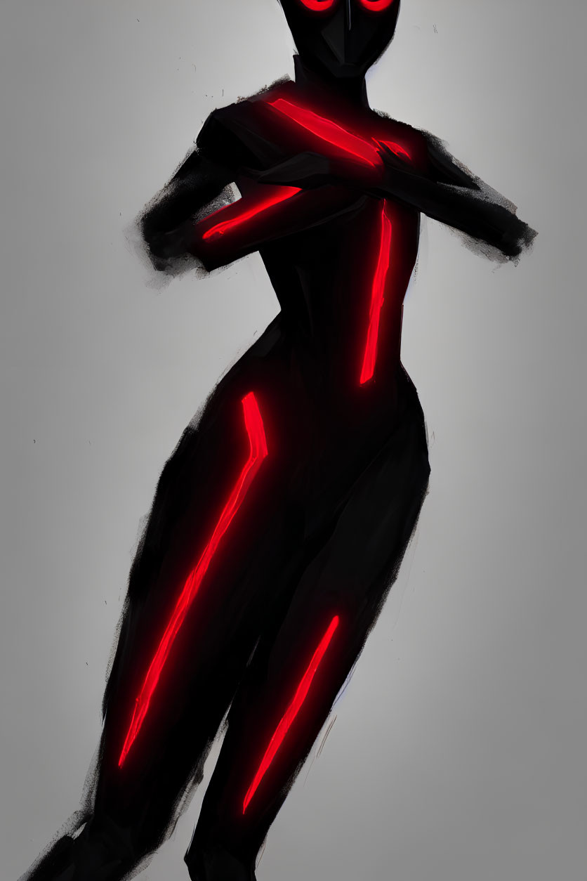 Sleek Black Humanoid Figure with Red Accents on Gray Background