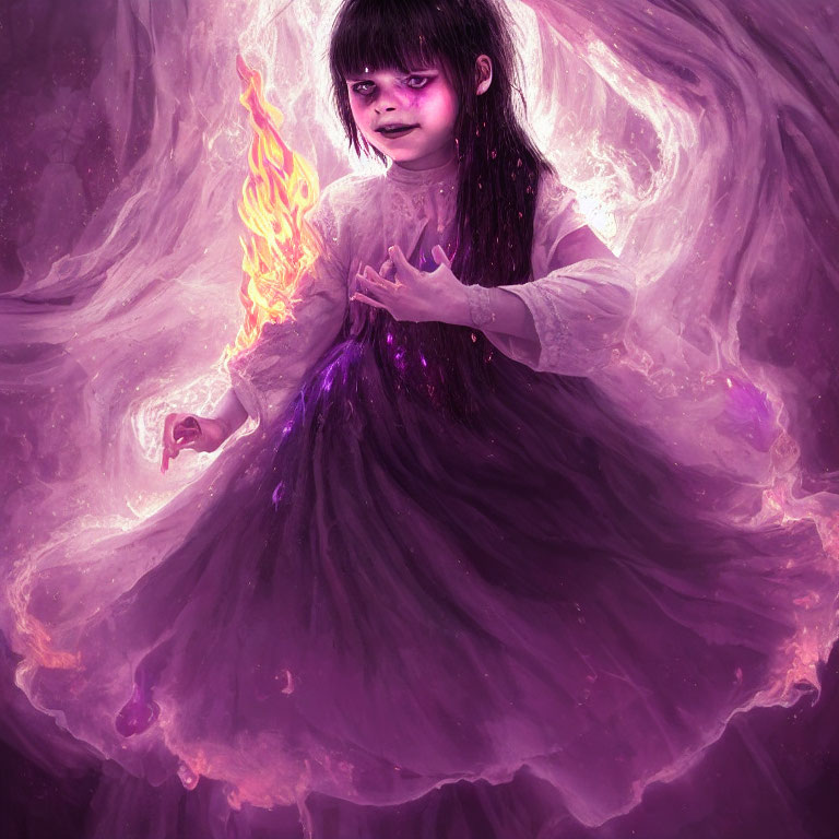 Young girl with eerie smile holding flame in swirling purple aura.