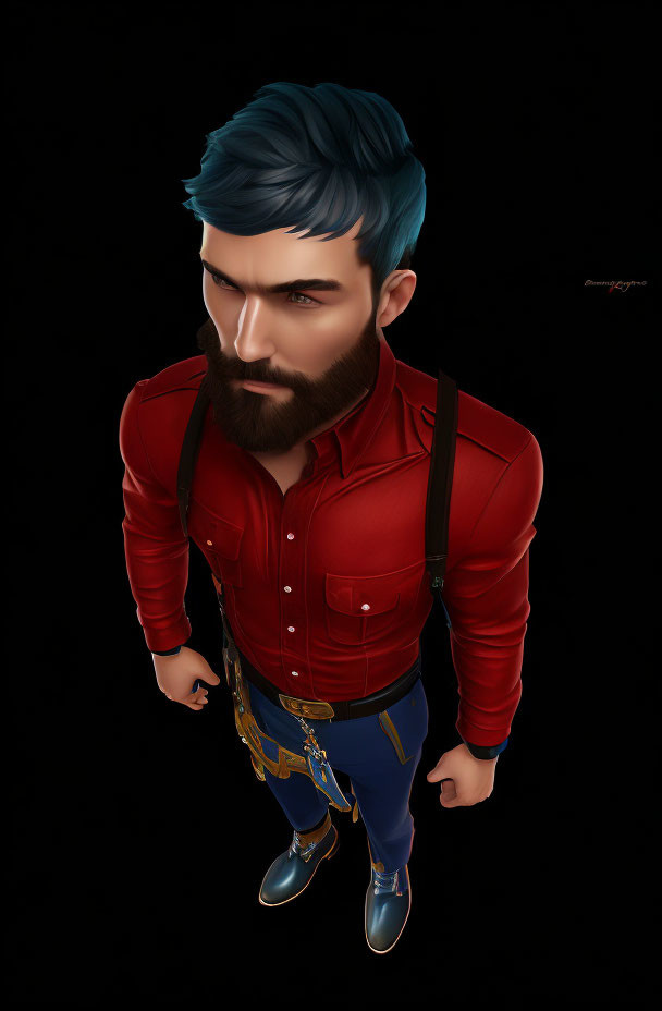 Digital artwork: Man with blue hair, red shirt, blue pants, and suspenders on black background