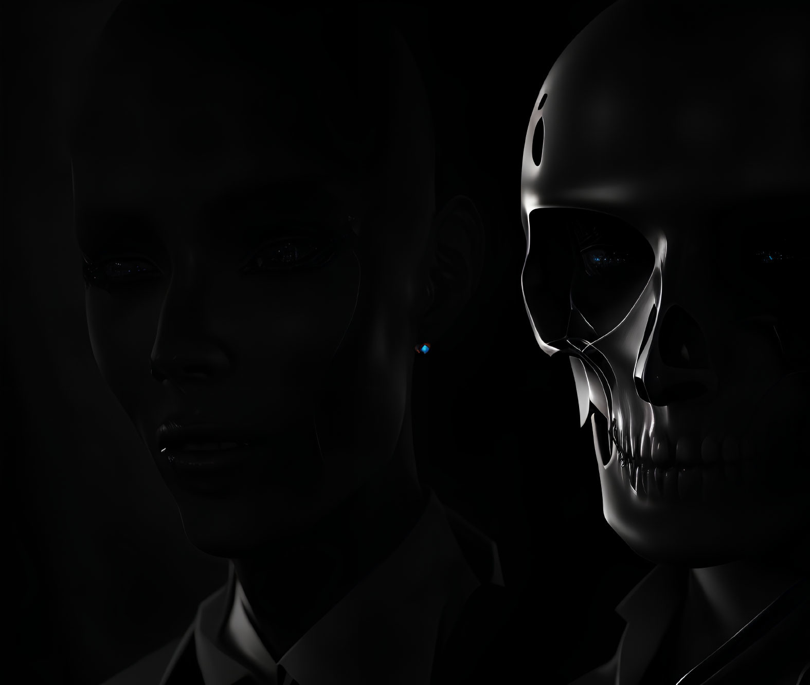 Close-up of female mannequin head and skull on dark background