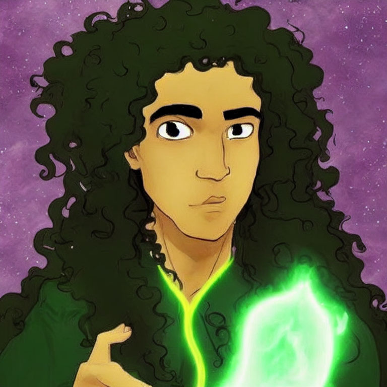 Curly Haired Person Holding Green Flame on Purple Starry Background